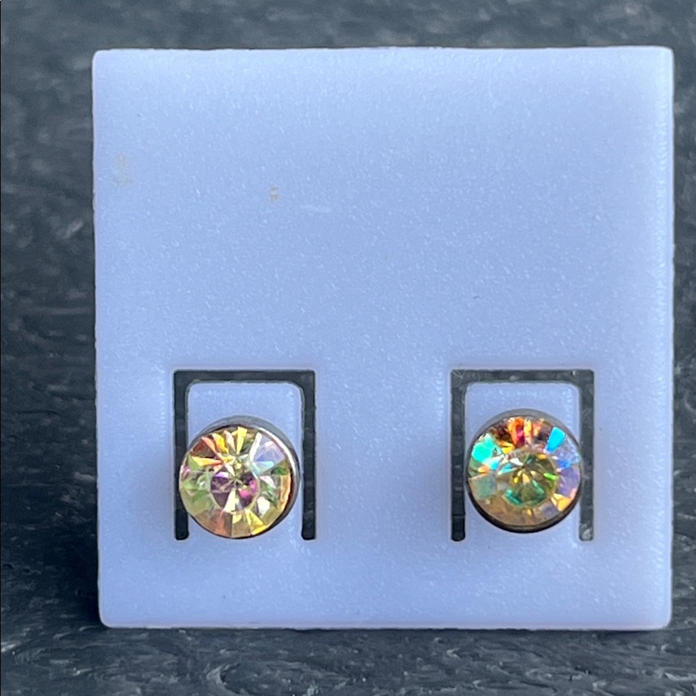 Vintage Rainbow Iridescent Crystal Stud Earrings; Silver Tone Hardware; NWOT